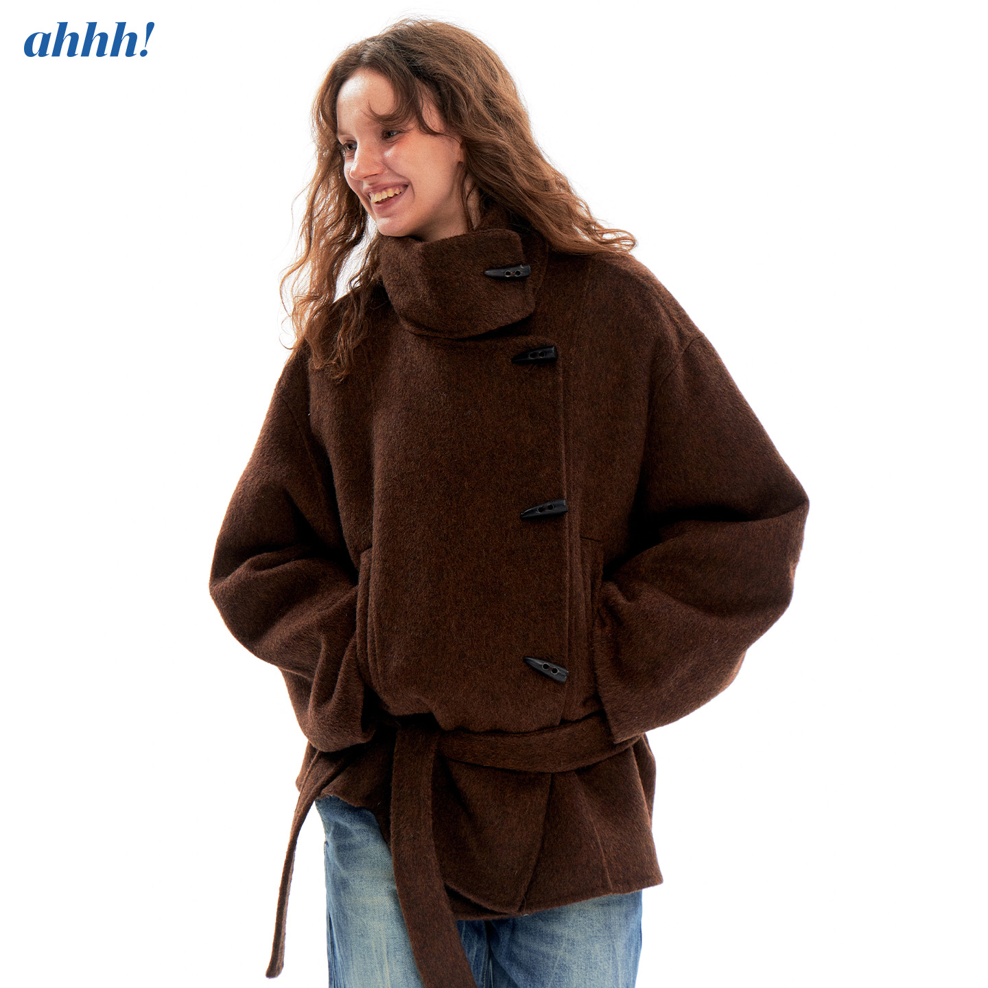 Ahhh 复古时尚羊毛翻领叠门襟系带收腰多穿保暖宽松毛呢外套大衣