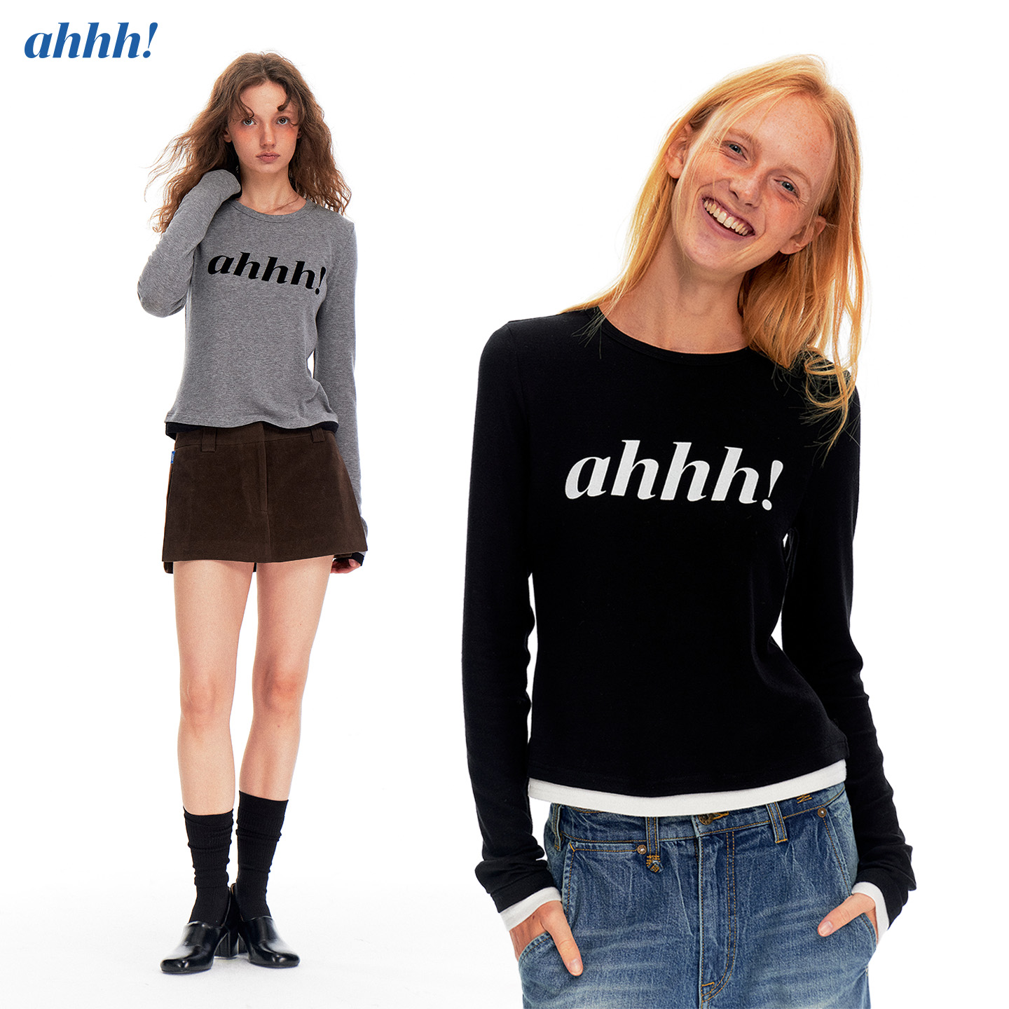 Ahhh 美式撞色羊毛假两件百搭圆领logo修身正肩长袖打底T恤上衣