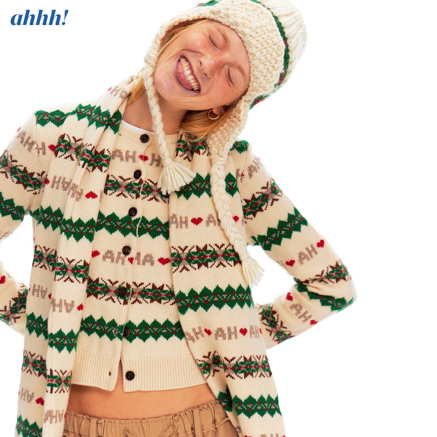 Ahhh 羊毛费尔岛字母圆领修身长袖针织开衫外套围巾帽子圣诞套装