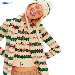 Ahhh 羊毛费尔岛字母圆领修身长袖针织开衫外套围巾帽子新年套装
