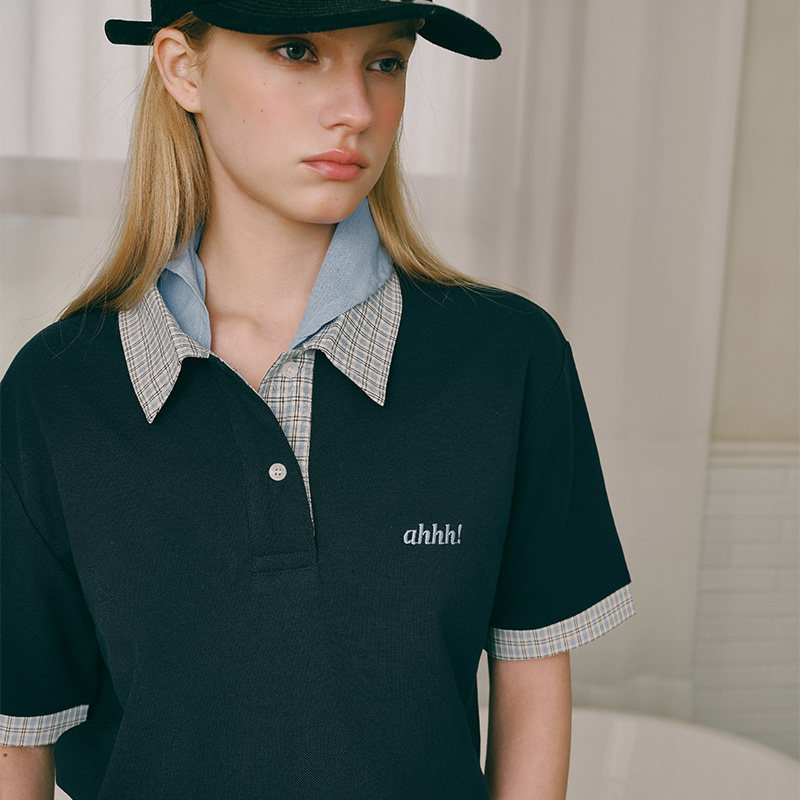 Ahhh 刺绣polo领短袖T恤女夏新款百搭格纹拼接撞色通勤polo衫上衣,女装/女士精品,POLO衫,淘宝优惠券,粉丝福利购,淘宝优惠卷