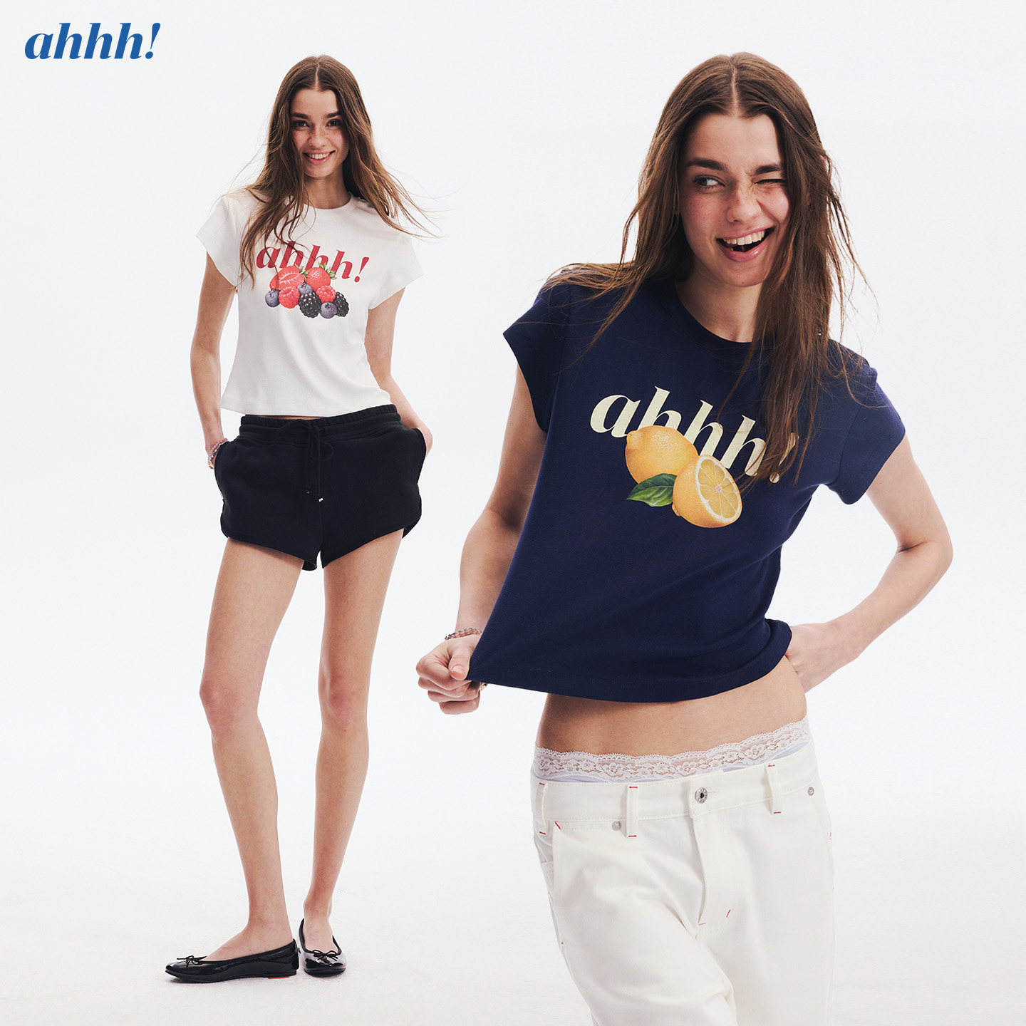 Ahhh 经典休闲活力圆领水果logo印花宽松显瘦短袖短款T恤上衣