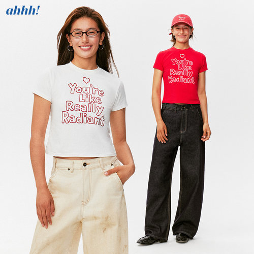 Ahhh 夏季圆领爱心印花显瘦短袖T恤