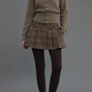学院风复古格纹羊毛百褶裙裤 新款 麻点毛呢半身裙短裙子 冬季 Ahhh