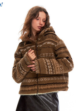 Ahhh 复古美式费尔岛几何提花羊羔毛保暖宽松廓形高领连帽短外套