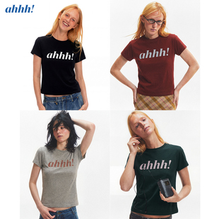 T恤夏季 复古印花短袖 新款 修身 内搭上衣女 Ahhh 显瘦正肩短款 美式