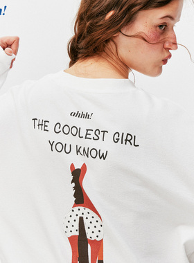 Ahhh 经典圆领基础百搭纯棉刺绣印花马市长宽松显瘦长袖T恤上衣