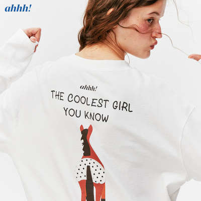 Ahhh 经典圆领基础百搭纯棉刺绣印花马市长宽松显瘦长袖T恤上衣