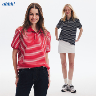 poloT恤衫 复古学院风百搭翻领条纹宽松慵懒短袖 董洁同款 Ahhh