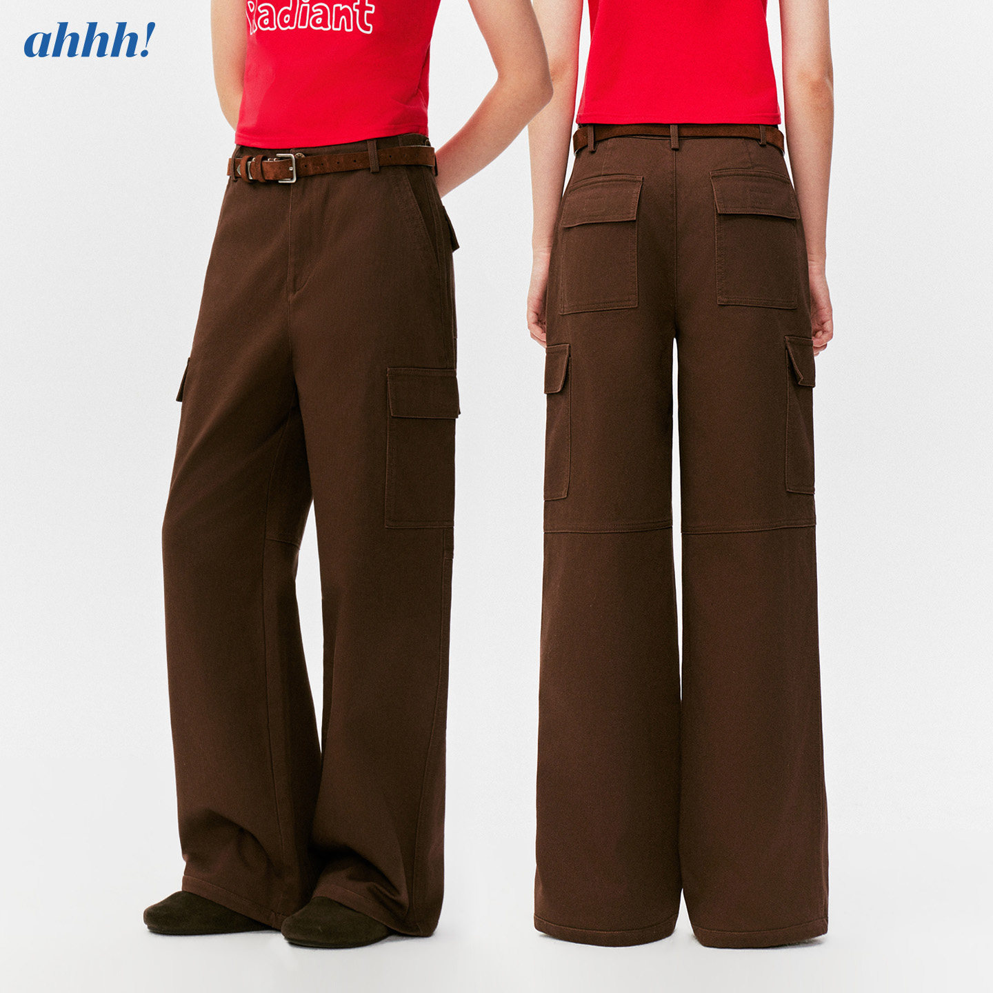 Ahhh 复古美式简约做旧纯棉多口袋工装高腰直筒修身休闲长裤