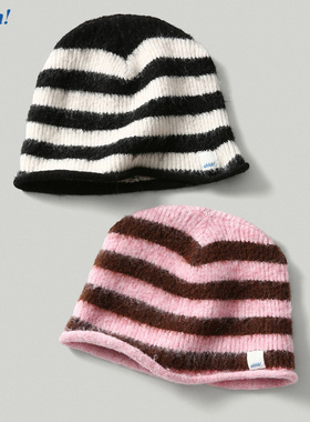 Ahhh 复古秋冬百搭羊毛柔软氛围感条纹卷边毛线针织冷帽堆堆帽