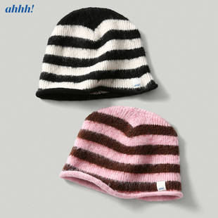Ahhh 复古秋冬百搭羊毛柔软氛围感条纹卷边毛线针织冷帽堆堆帽