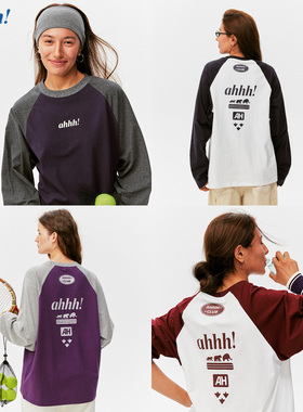 Ahhh 经典简约插肩袖logo印花宽松长袖T恤