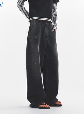 Ahhh【黄多多同款】复古美式水洗擦色泼墨脏点直筒牛仔裤女长裤子