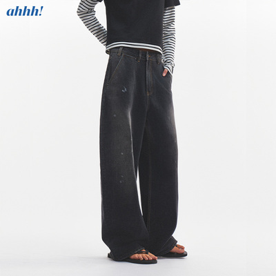 Ahhh【黄多多同款】复古美式水洗擦色泼墨脏点直筒牛仔裤女长裤子