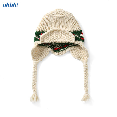 Ahhh 冬季复古羊毛手工费尔岛提花保暖飞行护耳帽针织帽子女圣诞