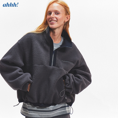 Ahhh 复古短款拼色高立领双面摇粒绒宽松半拉链套头卫衣外套秋冬