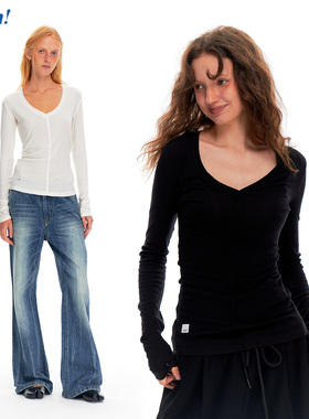 Ahhh 经典百搭亲肤绵羊毛深V领微透修身显瘦长袖正肩打底T恤上衣