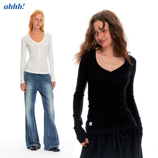 Ahhh 经典百搭亲肤绵羊毛深V领微透修身显瘦长袖正肩打底T恤上衣