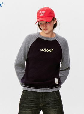 Ahhh 复古美式绵羊毛撞色圆领logo印花提花插肩袖宽松针织毛衣