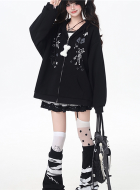 美式复古宅萌感猫耳绑带连帽宽松bf小众宽松设计感卫衣拉链外套秋