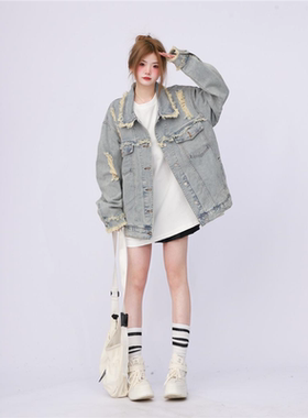 2025年新款美式高街oversize工装水洗做旧破洞牛仔外套女春秋夹克