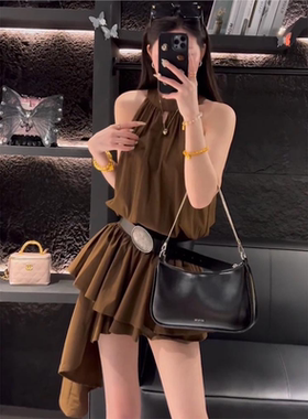 2025新夏季风格法国不对称露肩连衣裙女士褶边百褶裙腰带套装