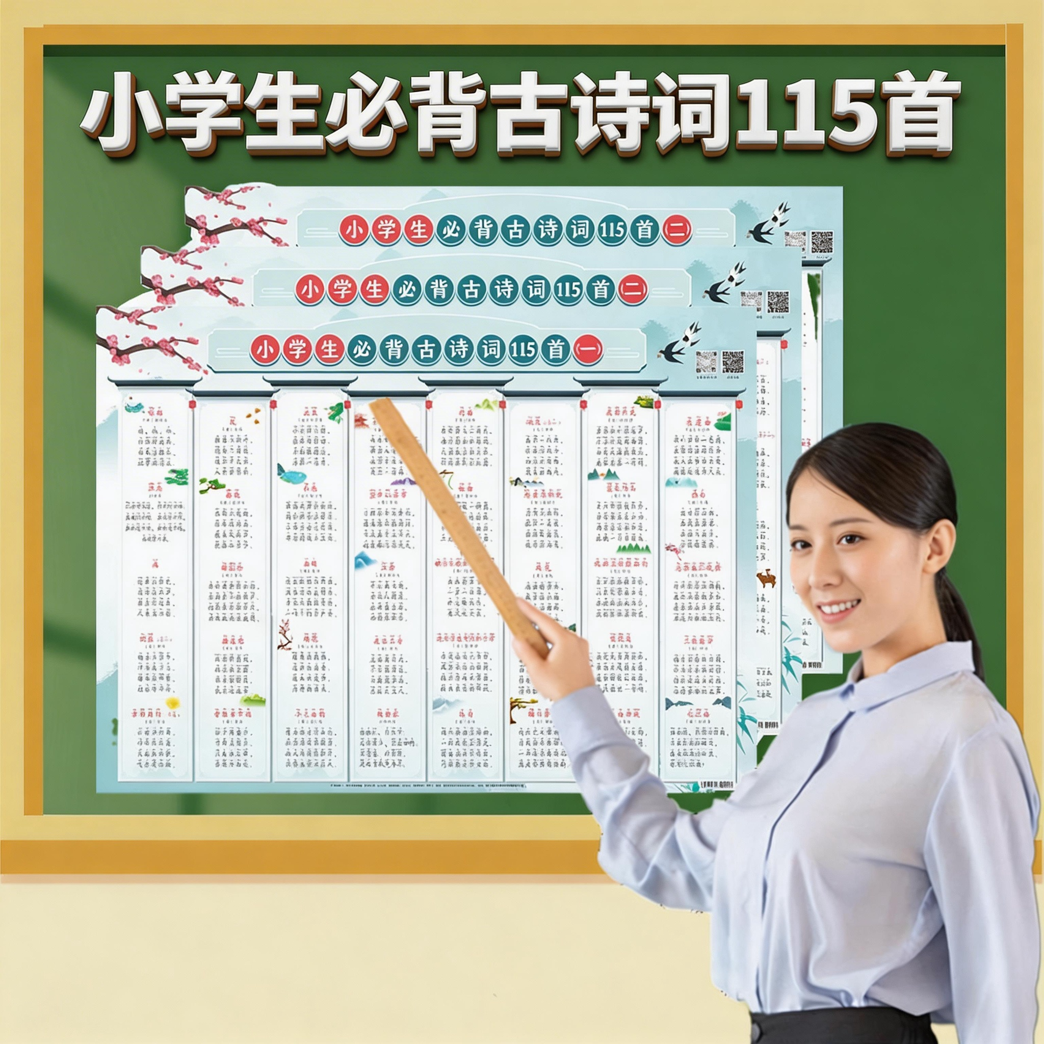 小学生必背古诗词挂图注音版人教版幼儿园一年级必备打卡识字墙贴