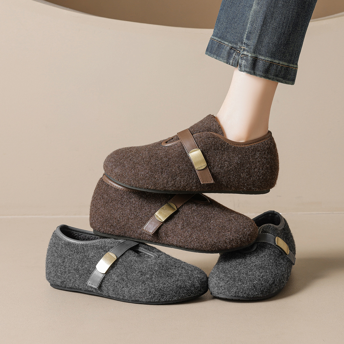 内增高毛呢加绒勃肯鞋女保暖棉鞋