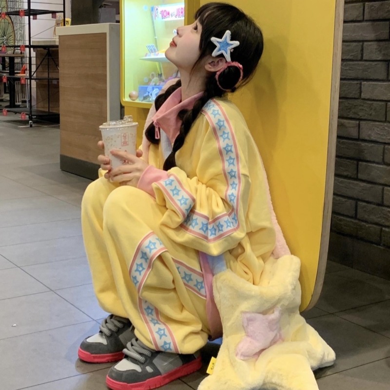 多巴胺休闲运动套装女秋冬季新款宽松元气少女甜妹外套长裤两件套