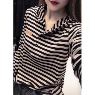 速发2024装扣款长袖上衣装时尚宽版韩松条纹纽新连帽T恤潮