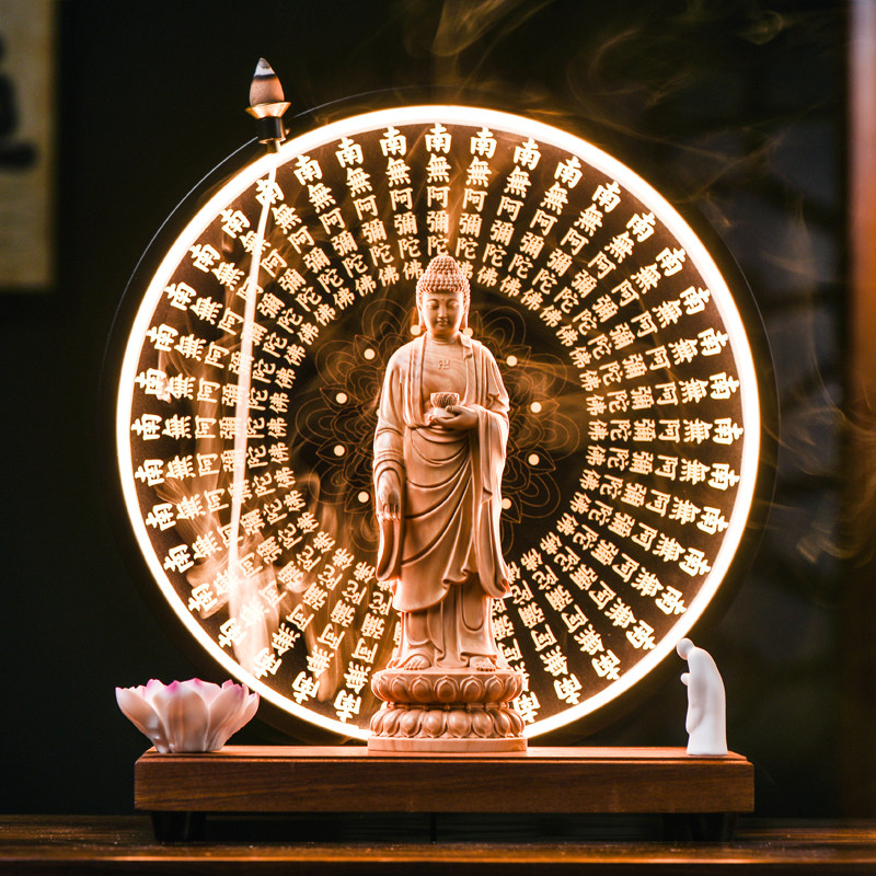 速发阿弥陀佛实木佛像飘带品音家灯客厅玄关装饰品禅意居圈工艺观