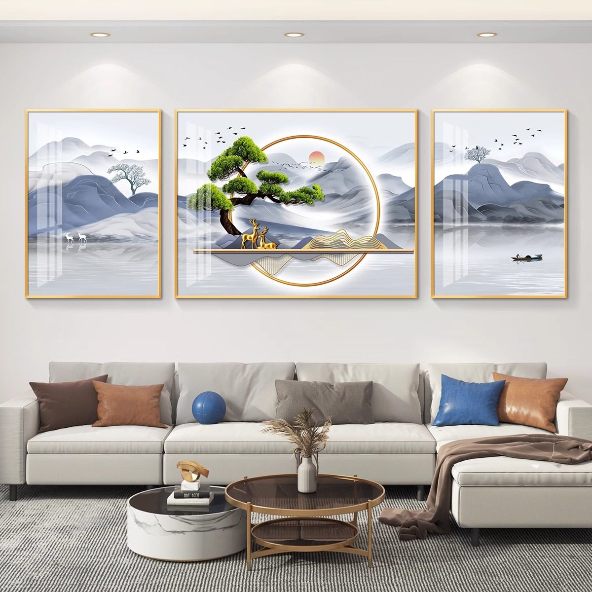 山水画客厅装饰画三联画大气2026新款现代简约挂画沙发背景墙壁画
