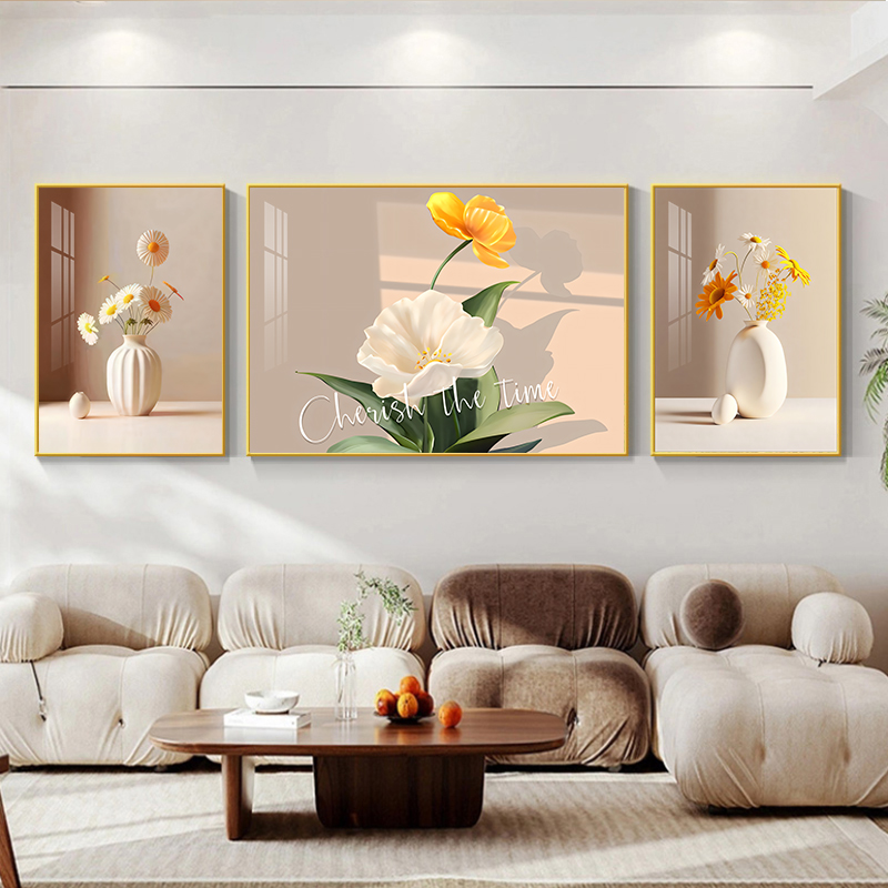 现代简约客厅装饰画高档肌理感花卉沙发背景墙挂画奶油风三联壁画图片