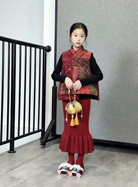 TOUKIDS2025新款红色针织鱼尾裙中长款半身裙新中式高弹