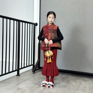 TOUKIDS2025新款红色针织鱼尾裙中长款半身裙新中式高弹