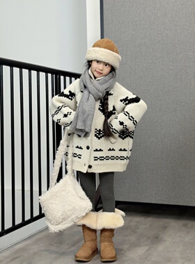 TOUKIDS2025新款儿童秋冬羊毛费尔岛毛衣韩版纽扣宽松重磅针织