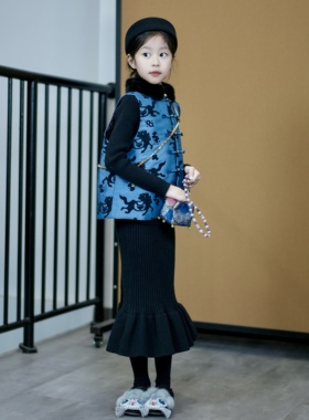 TOUKIDS2025新款黑色针织鱼尾裙中长款半身裙新中式高弹