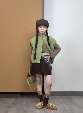 TOUKIDS2025儿童新款复古果绿色毛衣开衫马甲韩版宽松时髦百搭潮