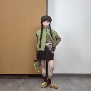 TOUKIDS2025儿童新款复古果绿色毛衣开衫马甲韩版宽松时髦百搭潮