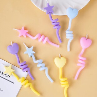 糖果色爱心星星款扭扭棒蜡烛生日蛋糕装饰插件派对烘焙摆件配件