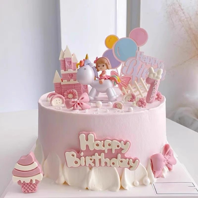 大头独角兽女孩蛋糕装饰摆件卡通骑马小公主儿童周岁生日烘焙插件