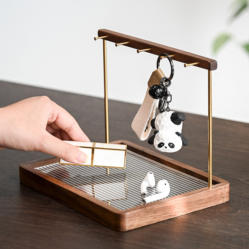 进门钥匙收纳玄关摆件入户鞋柜放首饰挂架香水置物架黑胡桃木托