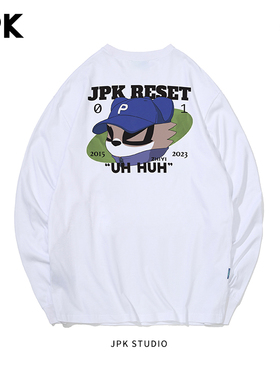 JPK 原创国潮长袖T恤大码纯棉宽松男士T宽松黑色圆领秋冬印花潮牌