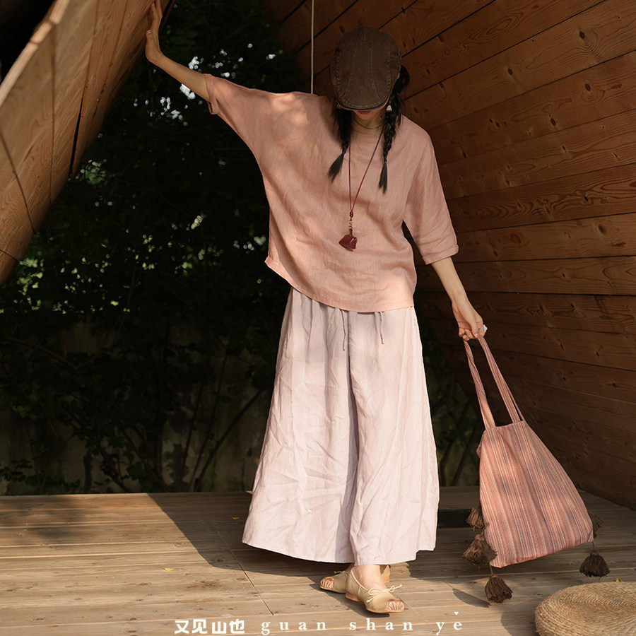 年轻款亚麻套装文艺圆领设计感新中式棉麻套装上衣女中袖宽松T恤