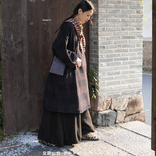 加厚袍子棉服连衣裙做旧复古亚麻斜开襟宽松暗条纹廓形文艺禅意女