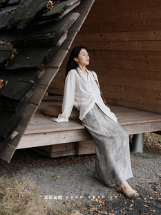 观山也新中式水墨半身裙禅意清冷感穿搭侘寂风松弛感套装扎染长裙