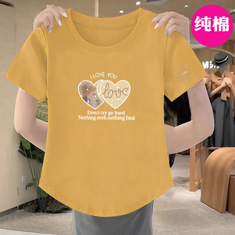 100%纯棉t恤女短袖2025夏洋气小个子百搭圆领印花显瘦不规则上衣