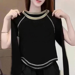 短款 100%純棉T恤女秋季 長(zhǎng)袖 小個(gè)子別致內(nèi)搭上衣體恤衫 薄款 上衣潮