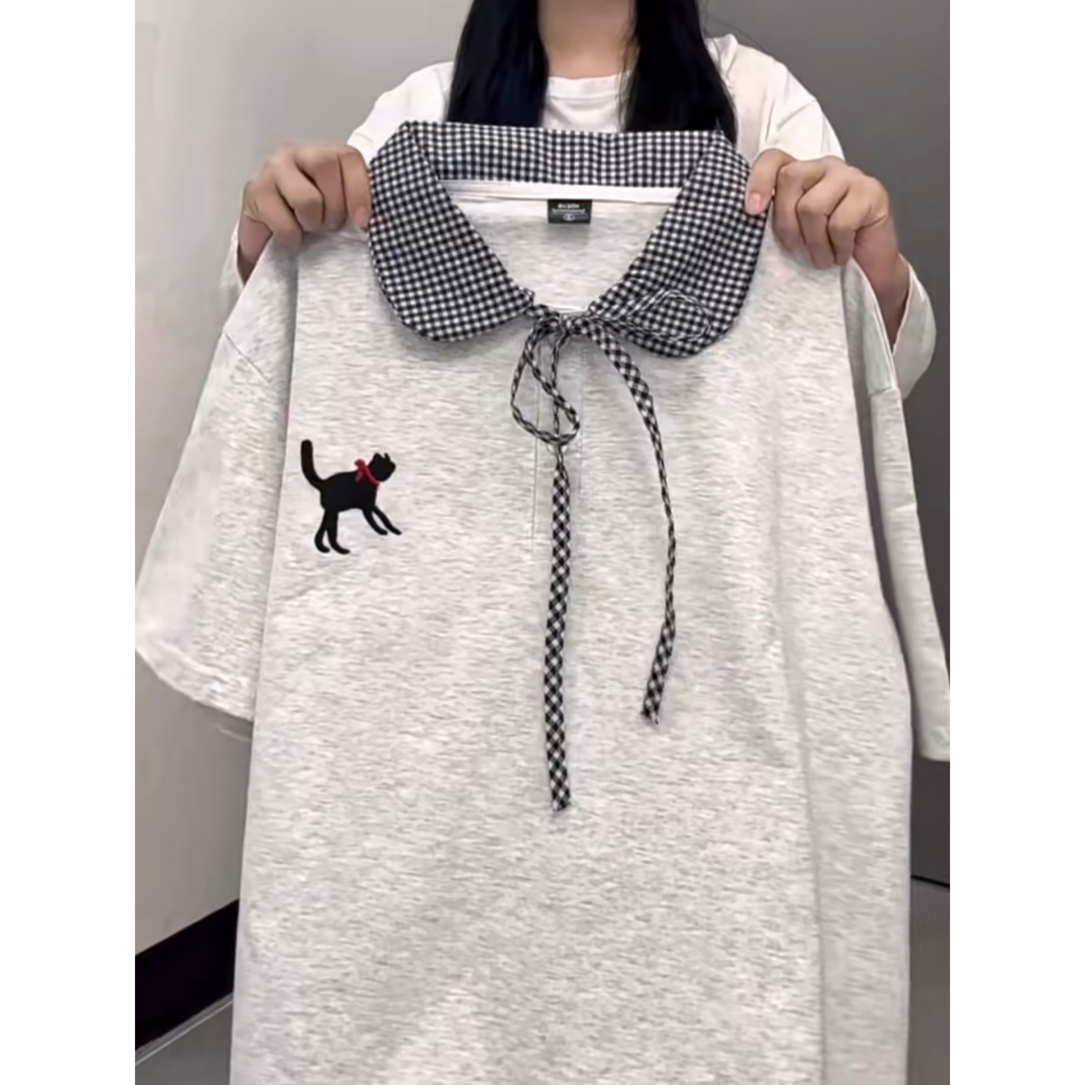 JK格子娃娃领短袖可爱小猫刺绣t